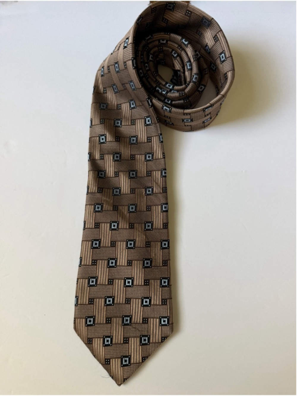 Pronto Uomo Brown Blue Geometric Woven Necktie Classic Wide Tie